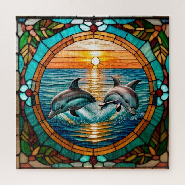 Puzzle Arte de vidrio manchado con delfines saltando al a (Vertical)