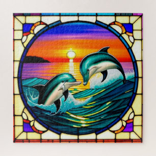 Puzzle Arte de vidrio teñido con delfines saltando al ata