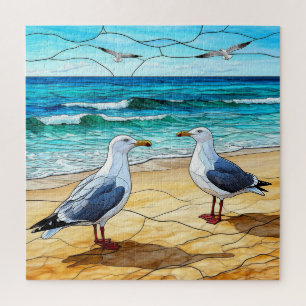 Puzzle Arte de vidrio teñido de gaviotas en una playa