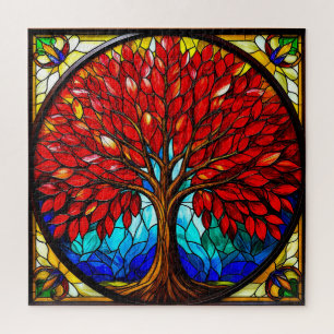 Puzzle Arte de vidrio tintado de árbol rojo vibrante