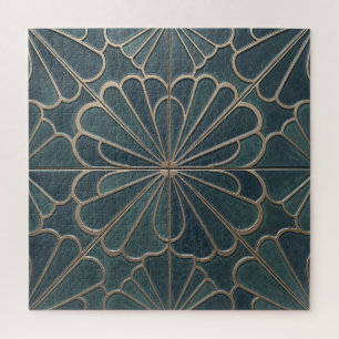 Puzzle Arte Deco Geométrico Patrón de Abanico Dorado Verd