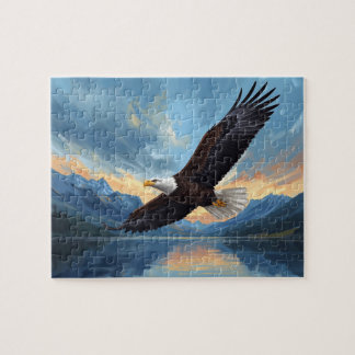 Puzzle Arte del atardecer en lago de montaña con águila c