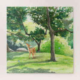 Puzzle Arte en Acuarela de Ciervo en Bosque Tranquilo