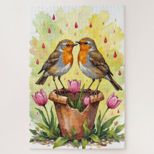 Puzzle Arte en Acuarela de Pájaros Robin Primavera Amor