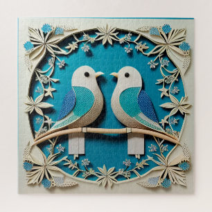 Puzzle Arte en papel de dos pájaros con motivos florales