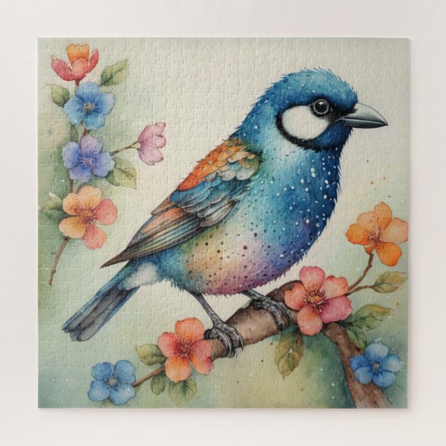 Puzzle Arte estilizado de pájaro azul y flores (Vertical)