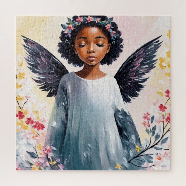 Puzzle Arte floral Ángel para niños negros (Vertical)