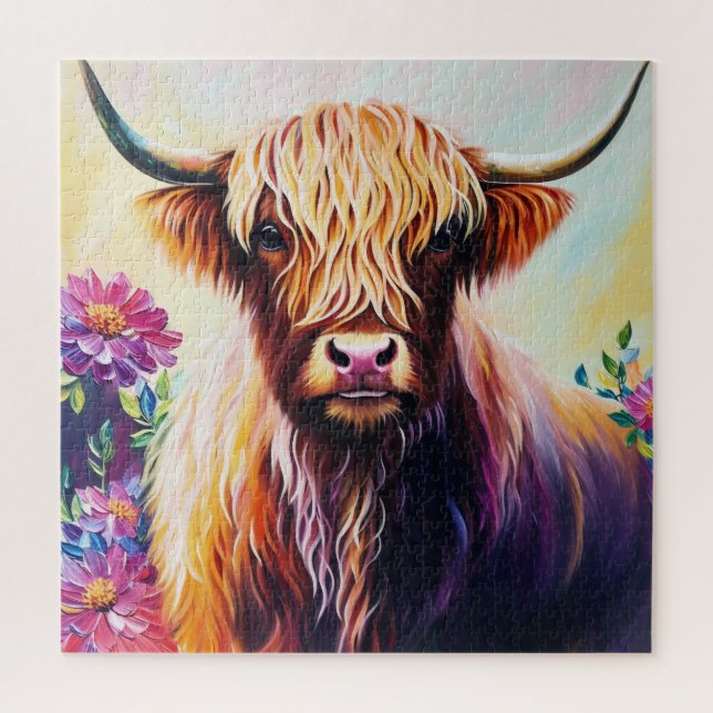 Puzzle Arte floral multicolor de vaca Highland (Vertical)