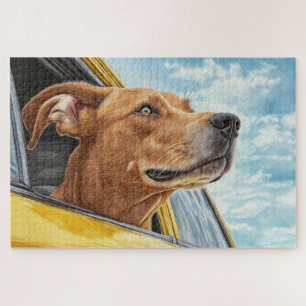 Puzzle Arte impreso de perro feliz en coche amarillo