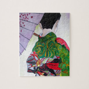 Puzzle Arte japonés del geisha con el kimono y el