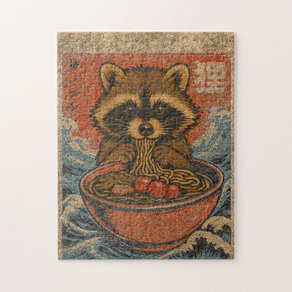 Puzzle Arte japonés vintage de mapache comiendo ramen