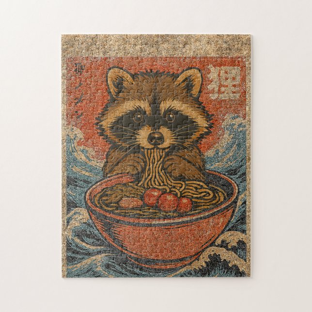 Puzzle Arte japonés vintage de mapache comiendo ramen (Vertical)