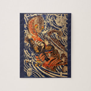 Puzzle Arte japonés vintage luchando contra una salamandr