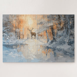 Puzzle Arte majestuoso de ciervos en bosque invernal
