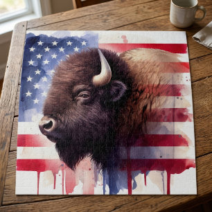 Puzzle Arte majestuoso del bisonte americano y la bandera