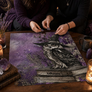 Puzzle Arte Místico de Lechuza Bruja Púrpura con Nombre P