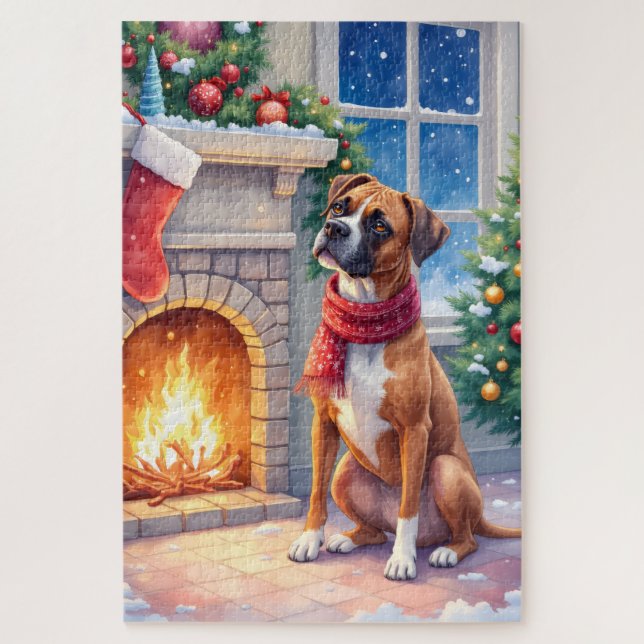 Puzzle Arte Navideño de Boxer con Chimenea Festiva (Vertical)