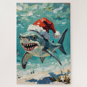 Puzzle Arte Navideño de Tiburón Vintage con Gorro de Sant