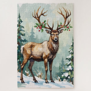 Puzzle Arte navideño elegante de renos del bosque rústico