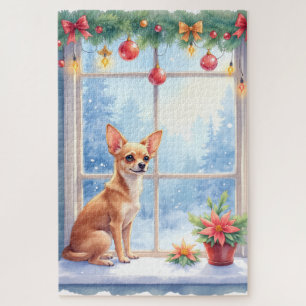 Puzzle Arte Navideño Vacacional de Ventana con Chihuahua