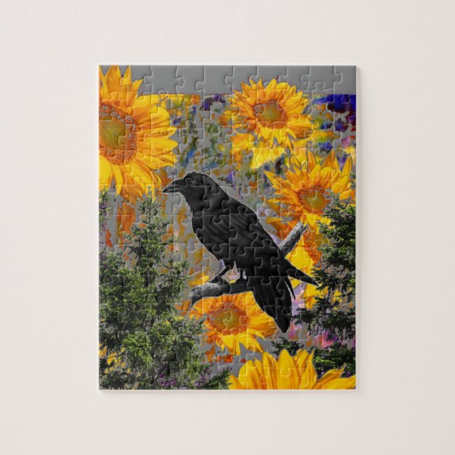 Puzzle arte negro del cuervo y de los girasoles (Vertical)