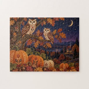 Puzzle Arte Popular Búhos de Otoño Calabaza Paisaje Noctu