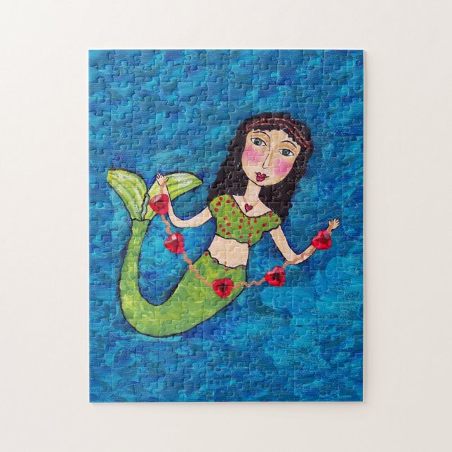 Puzzle Arte Popular Cadena de sirena verde de corazones r (Vertical)