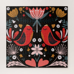 Puzzle Arte Popular Escandinavo: Aves Coloridas.