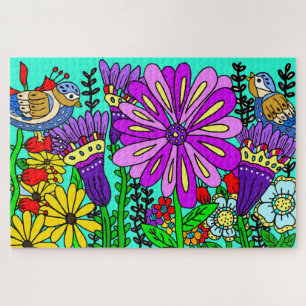 Puzzle Arte Popular Estilo Pájaro y Flores Colorido Hermo