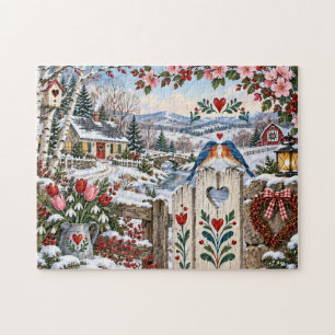 Puzzle Arte popular paisaje de cabaña de invierno