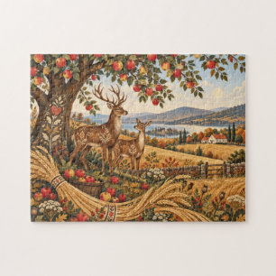 Puzzle Arte popular paisaje de otoño de ciervos cosecha c