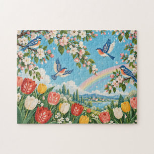 Puzzle Arte popular paisaje de primavera tulipanes pájaro
