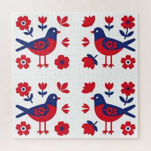 Puzzle Arte popular patrón floral pájaro rojo azul