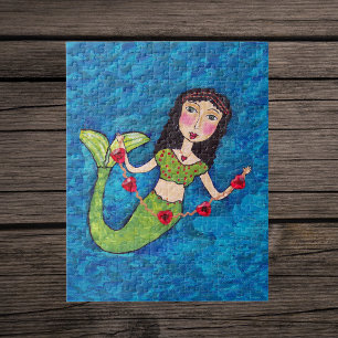 Puzzle Arte Popular Sirena Verde Cadena de Corazones Rojo
