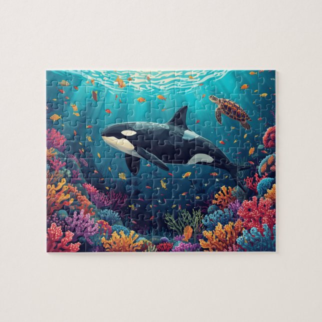 Puzzle Arte submarino de arrecife de coral con orca (Horizontal)