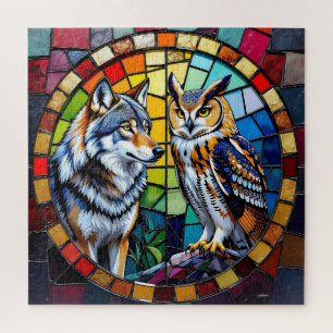 Puzzle Arte vibrante de lobo y búho en mosaico