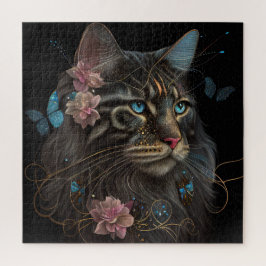 Puzzle Artista de IA Maine Coon con mariposa y flores