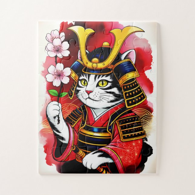 Puzzle Artistic Samurai Cat Cherry For Adults & Family  (Vertical)