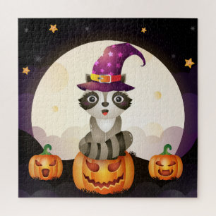 Puzzle Asistente para mapache, calabazas y luna