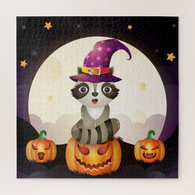Puzzle Asistente para mapache, calabazas y luna (Vertical)