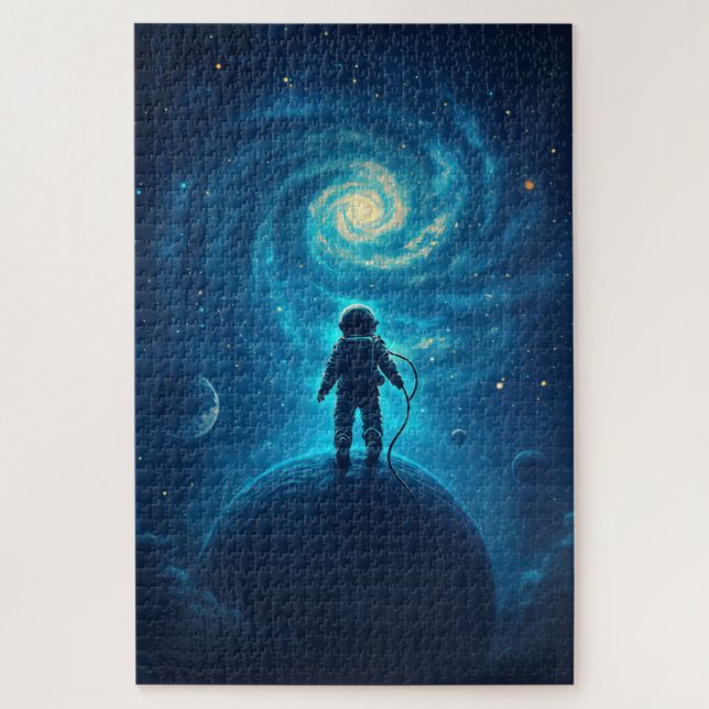 Puzzle Astronaut Exploring a Cosmic Landscape (Vertical)