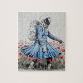 Puzzle astronauta con vestido azul caminando en amapolas