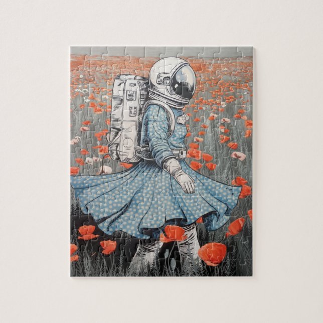 Puzzle astronauta con vestido azul caminando en amapolas (Vertical)