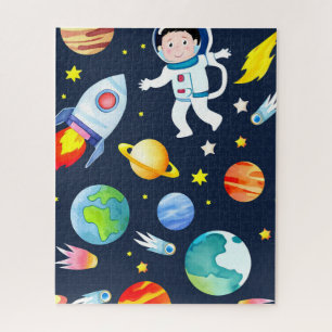 Puzzle Astronauta en el patrón de planetas y cohetes espa