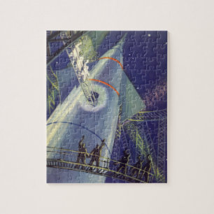 Puzzle Astronautas de ciencia ficción vintage en nave esp