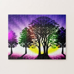 Puzzle Atardecer amarillo y morado con árboles de silueta
