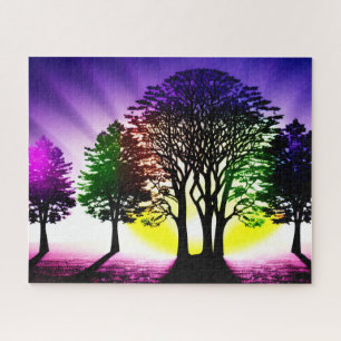 Puzzle Atardecer amarillo y morado detrás de árboles de s