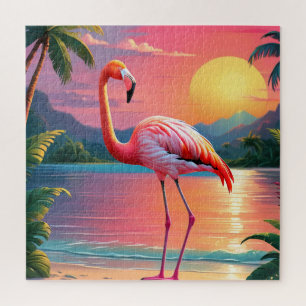 Puzzle Atardecer de flamenco en playa tropical