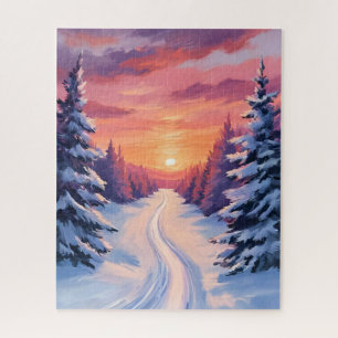 Puzzle Atardecer de paisaje de pinos de invierno Acuare