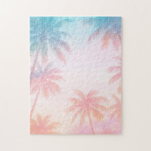 Puzzle Atardecer de playa vintage palmeras pastel